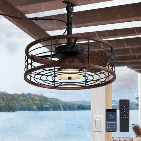 Ludomide Outdoor Ceiling Fan With Light, Waterproof Plug In Caged ... with Low Noise Outdoor Ceiling Fan For Patio Use